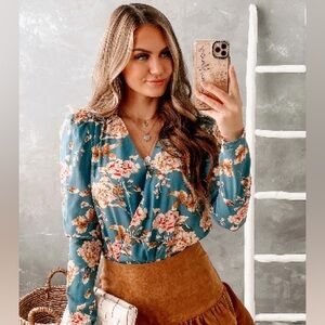 NanaMacs Teal Floral Bodysuit